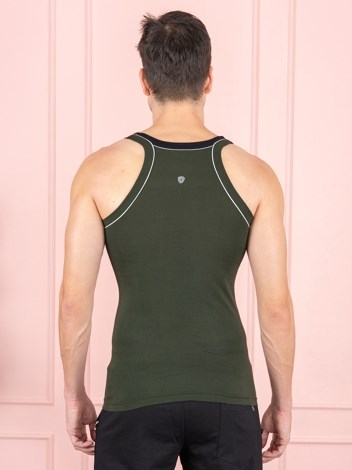 Xylo 666 RN Soft Pure 100% Combed Cotton Round Neck Sleeveless Gym Vest - Olive