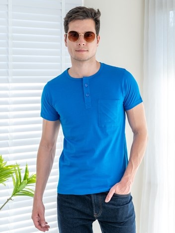 Button Tshirt Super Soft Combed Cotton Half Sleeve T-Shirt - Blue