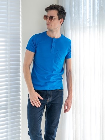 Button Tshirt Super Soft Combed Cotton Half Sleeve T-Shirt - Blue