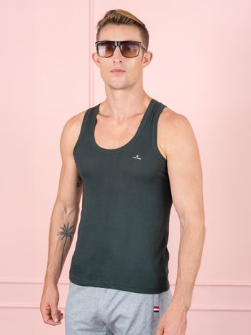 Color RN Soft Pure 100% Combed Cotton Round Neck Sleeveless Vest - Bottle Green