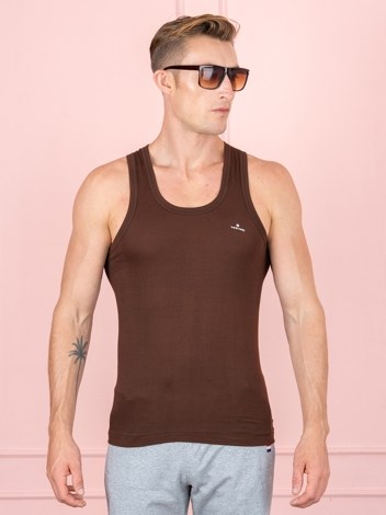 Color RN Soft Pure 100% Combed Cotton Round Neck Sleeveless Vest - Brown