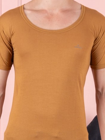Color RNS Soft Pure 100% Combed Cotton Round Neck Half Sleeve Vest - Beige