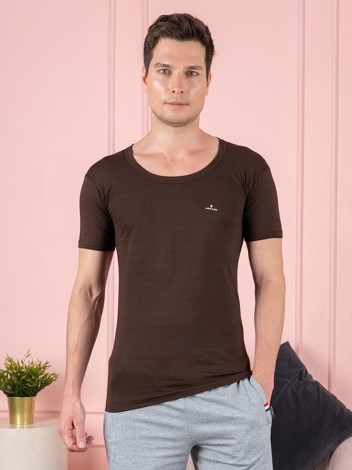 Color RNS Soft Pure 100% Combed Cotton Round Neck Half Sleeve Vest - Brown