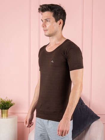 Color RNS Soft Pure 100% Combed Cotton Round Neck Half Sleeve Vest - Brown